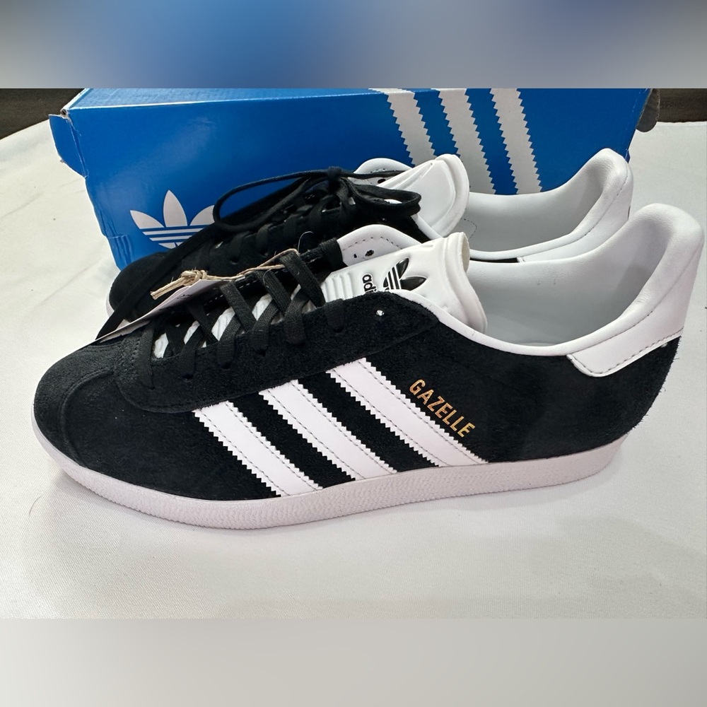 adidas Gazelle Women's Black White Sneakers with Gold Branding
